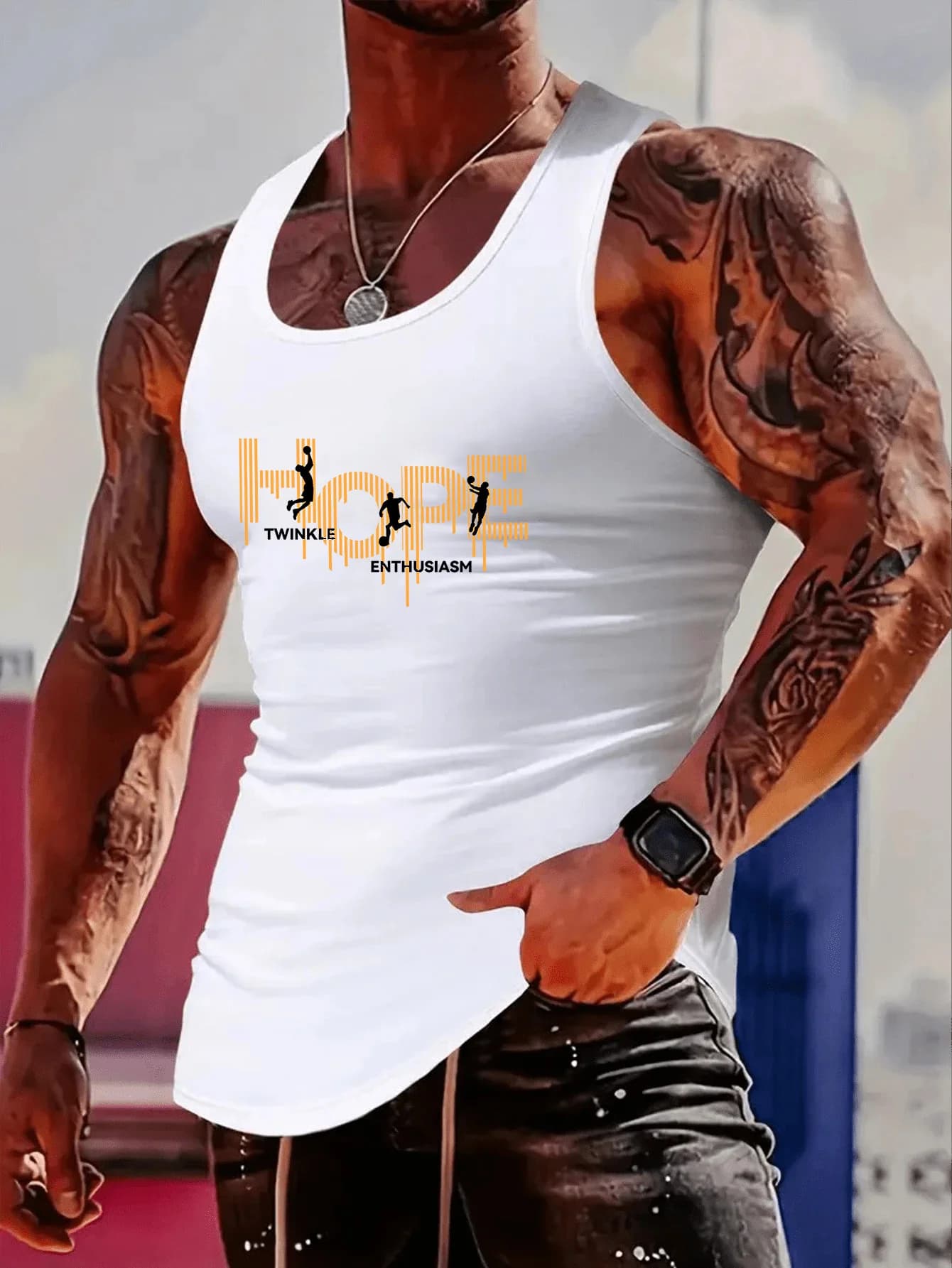 Fashionable trend muscular man, simple and creative HOPE music melody, printed t-shirt